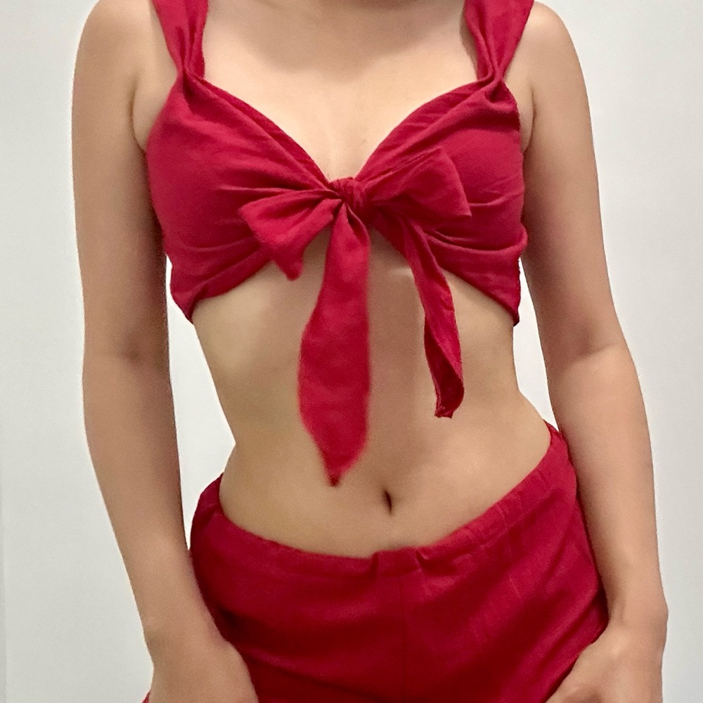 Red Tie-Front Crop Top and Pants Set